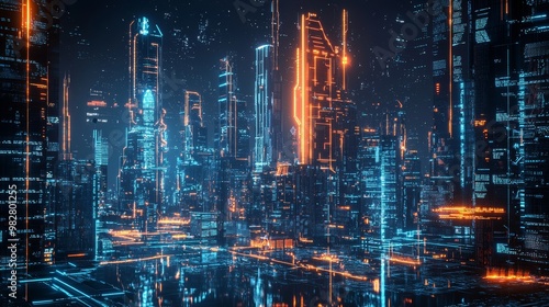 A futuristic cityscape, AI governance, digital control, and holographic interfaces