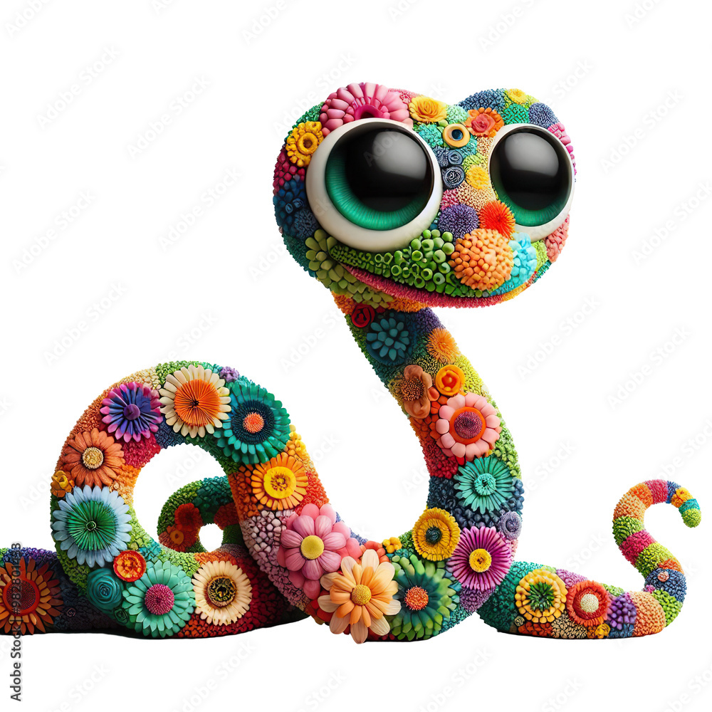 A colorful, whimsical snake with big eyes made entirely of bright flowers isolated PNG A colorful, whimsical snake with big eyes made entirely of bright flowers isolated PNG