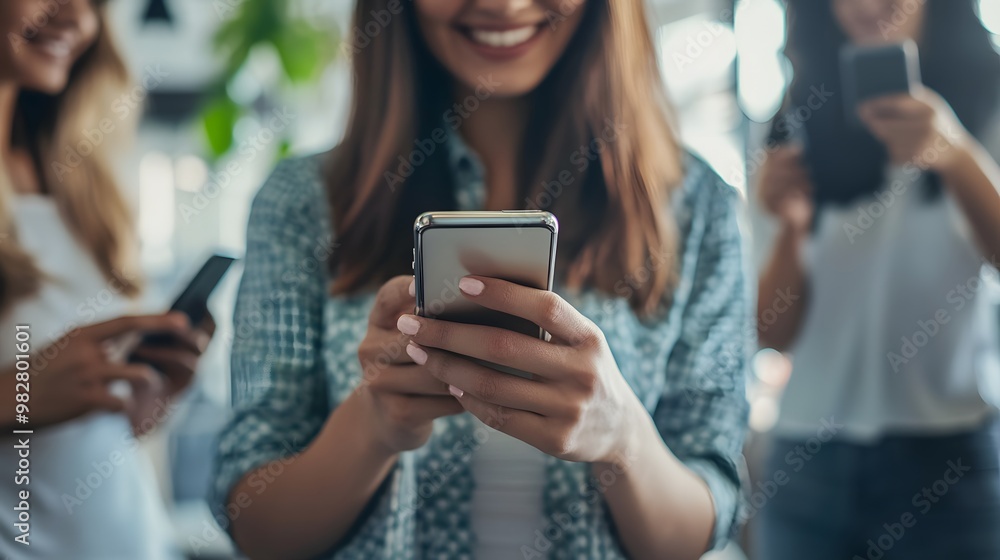Close-up of a woman's hand holding a smartphone, with a blurred background of two other women. Close-up of a woman's hand holding a smartphone, with a blurred background of two other women.