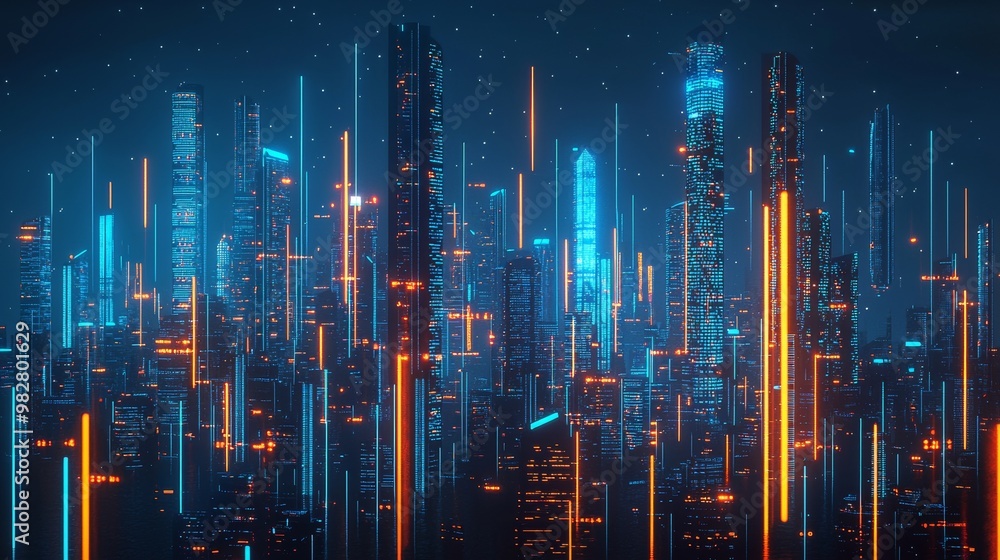 Fototapeta premium Future metropolis with stock, advanced technology, and holographic interfaces