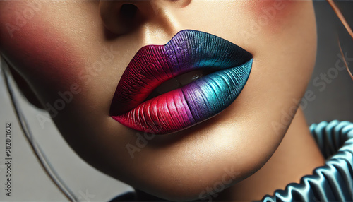 A striking close-up of a woman's lips with vibrant colors, featuring deepened shadows for more dramatic contrast