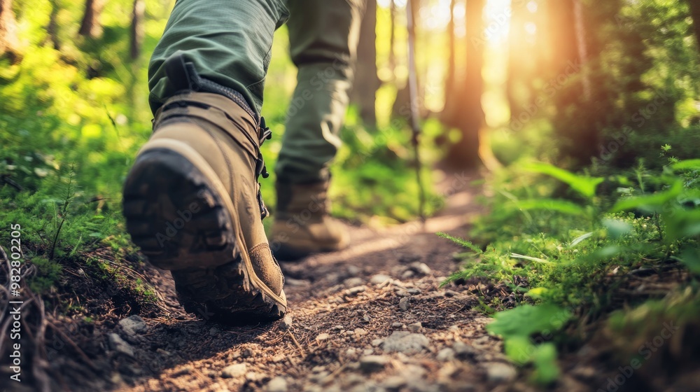 A person hiking on a forest trail, enjoying nature and outdoor activity. A person hiking on a forest trail, enjoying nature and outdoor activity.