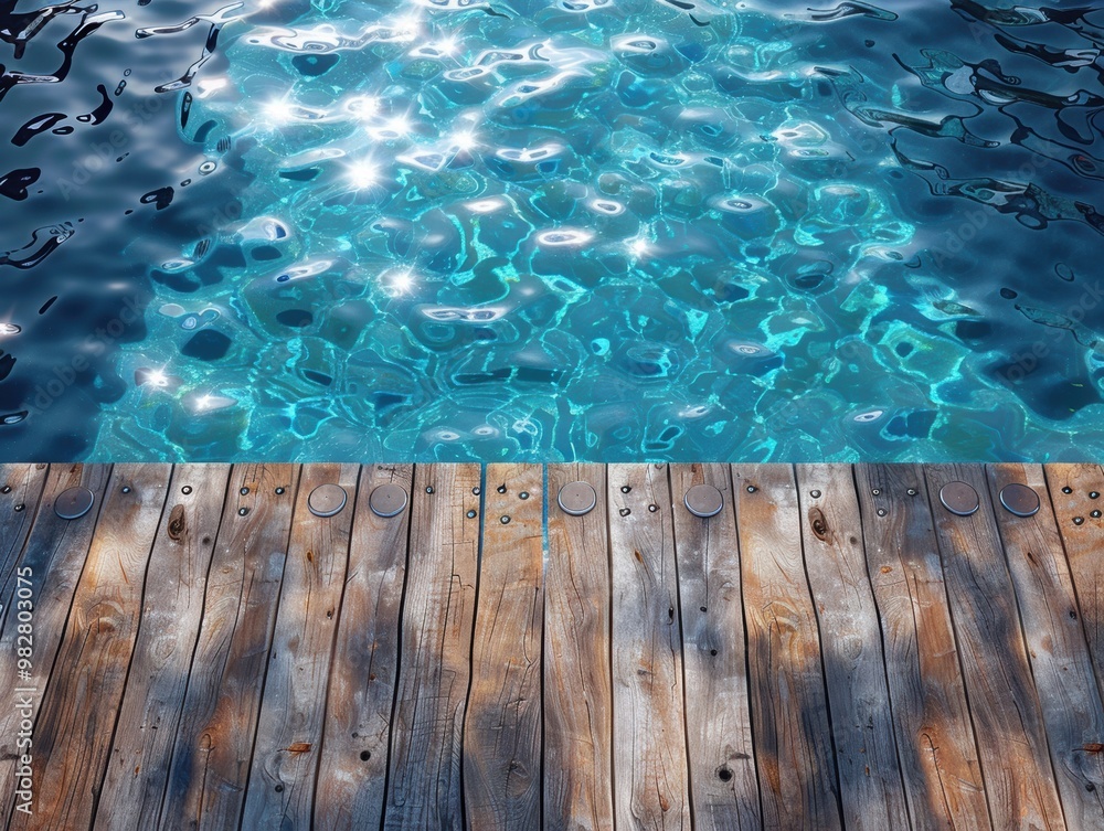Obraz premium Beautiful wooden background with water in a swimming pool, top view. Summer vacation concept.