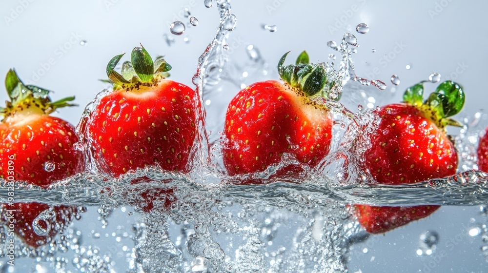 Fresh strawberries splashing in water, showcasing their vibrant color and freshness. Fresh strawberries splashing in water, showcasing their vibrant color and freshness.