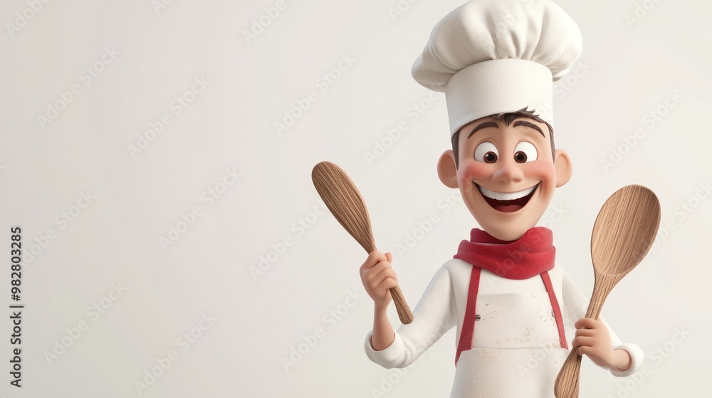 A cheerful animated chef holding wooden spoons, ready to cook and create delicious dishes.
