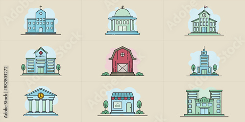 set of building icon logo line art color vector illustration template graphic design. bundle collection of various architecture for business or religious activities or Learning Activities