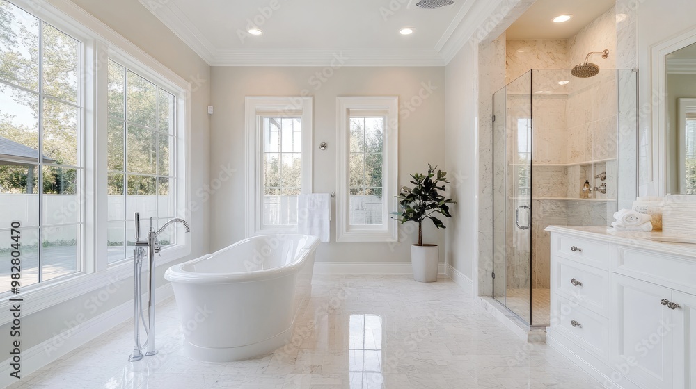 Luxurious bathroom in a home, with a soaking tub, large shower, and elegant finishes Luxurious bathroom in a home, with a soaking tub, large shower, and elegant finishes