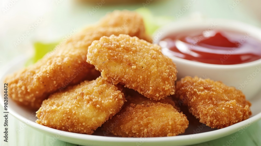A plate of golden-brown chicken nuggets served with a side of ketchup. A plate of golden-brown chicken nuggets served with a side of ketchup.