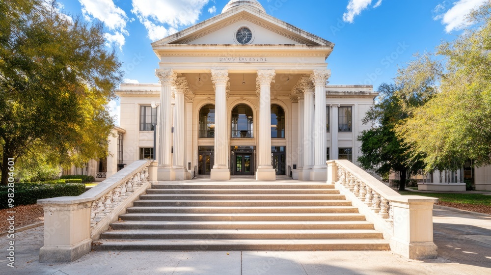 Historic courthouse with grand steps, columns, and a domed roof Historic courthouse with grand steps, columns, and a domed roof