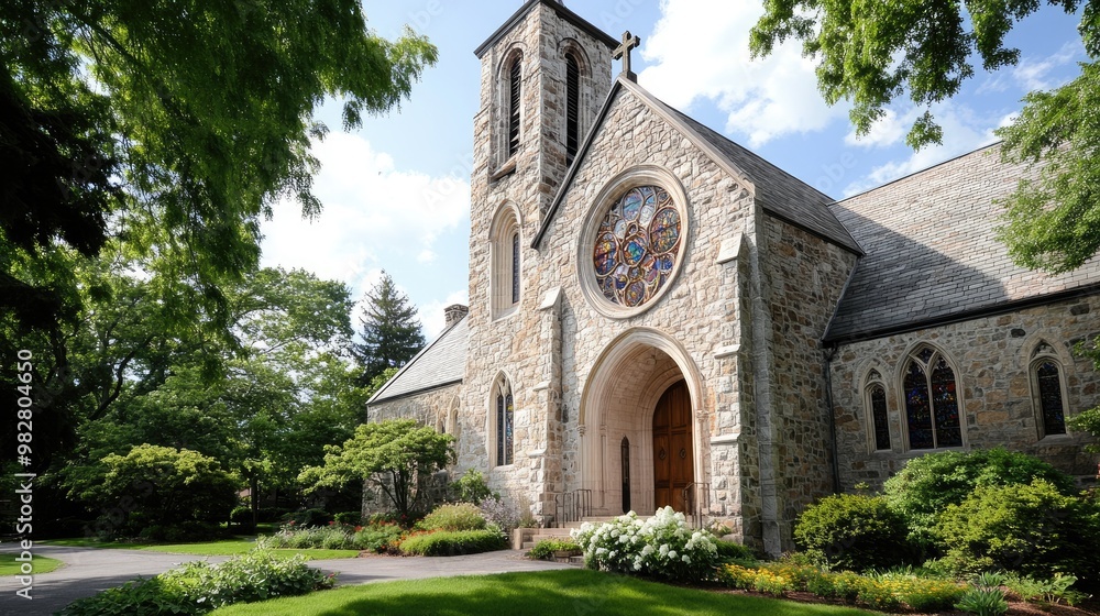 Old stone church with a bell tower and stained glass windows Old stone church with a bell tower and stained glass windows