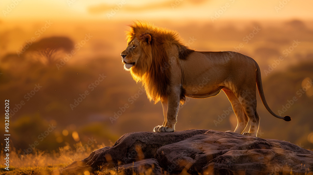 Majestic Lion at Sunset: A powerful male lion stands atop a rock, bathed in the golden light of the setting sun, overlooking the vast African savanna. Majestic Lion at Sunset: A powerful male lion stands atop a rock, bathed in the golden light of the setting sun, overlooking the vast African savanna.