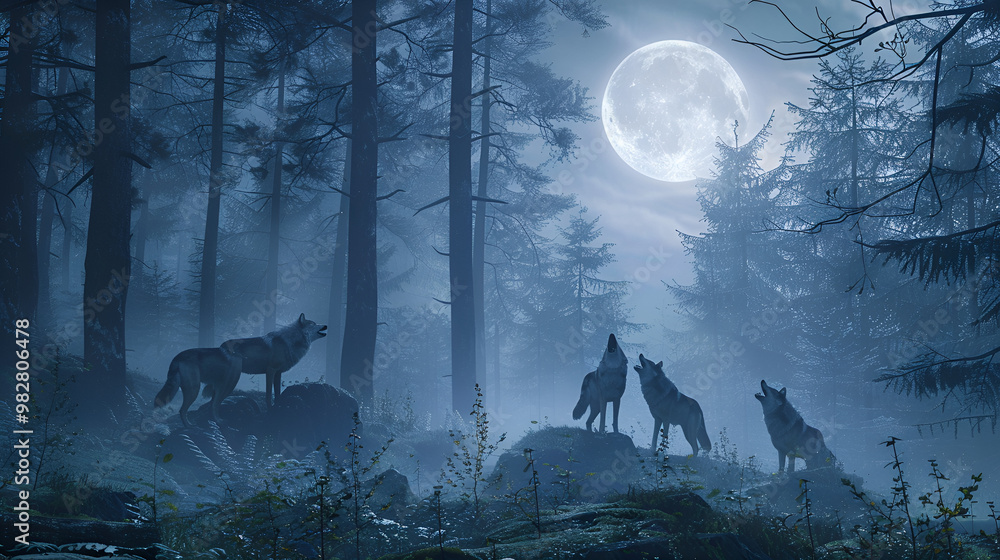 Fototapeta Symphony of the Moon: A pack of wolves howls in unison under a breathtaking full moon, their silhouettes stark against the misty blue forest. 