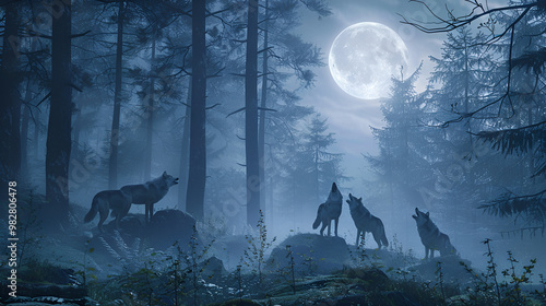 Symphony of the Moon: A pack of wolves howls in unison under a breathtaking full moon, their silhouettes stark against the misty blue forest. 