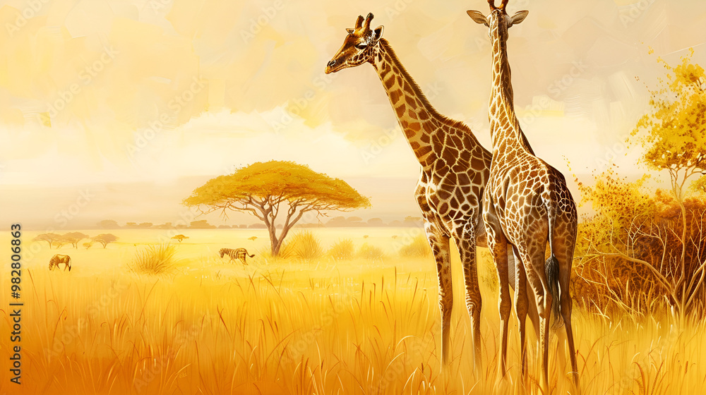 Obraz premium Golden Hour Giraffes: Two majestic giraffes stand tall against a backdrop of golden savanna, bathed in the soft light of the setting sun. The scene evokes a sense of serenity and tranquility, capturin