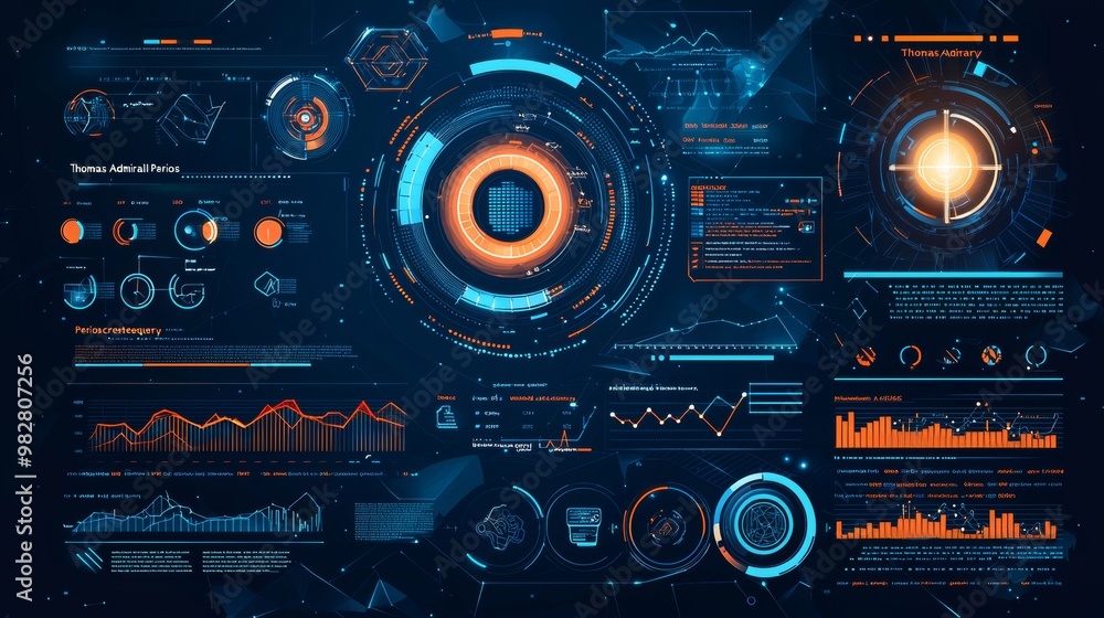 A blue color sonar radar screen searches an object with a futuristic head-up display (HUD UI) interface screen and an abstract chat panel A blue color sonar radar screen searches an object with a futuristic head-up display (HUD UI) interface screen and an abstract chat panel