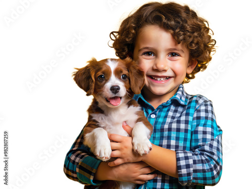 Smiling Little boy holding a Dog full body on transparency background PNG
