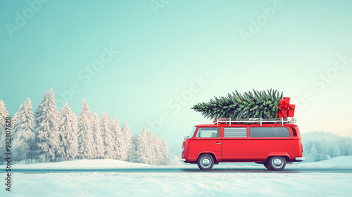 Red van with a Christmas tree driving through a snowy landscape