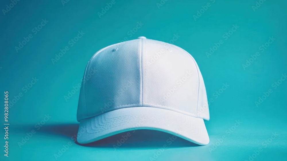 A simple white cap positioned on a teal background, emphasizing casual style and fashion. A simple white cap positioned on a teal background, emphasizing casual style and fashion.