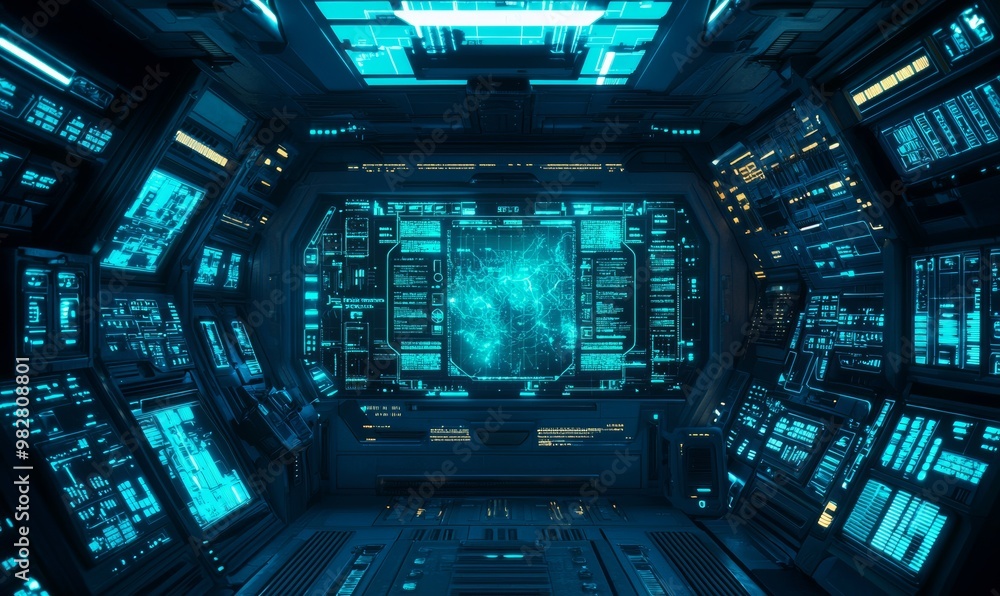 Image created by the interweaving and crossing of holographic neon lines. Black backdrop. Stock image.