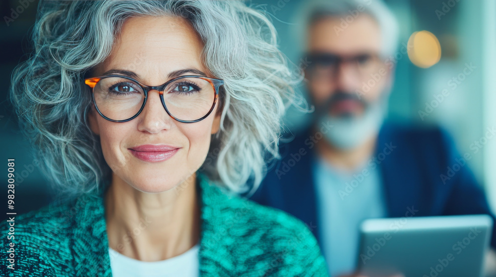 Confident woman with grey hair and glasses. Confident woman with grey hair and glasses.