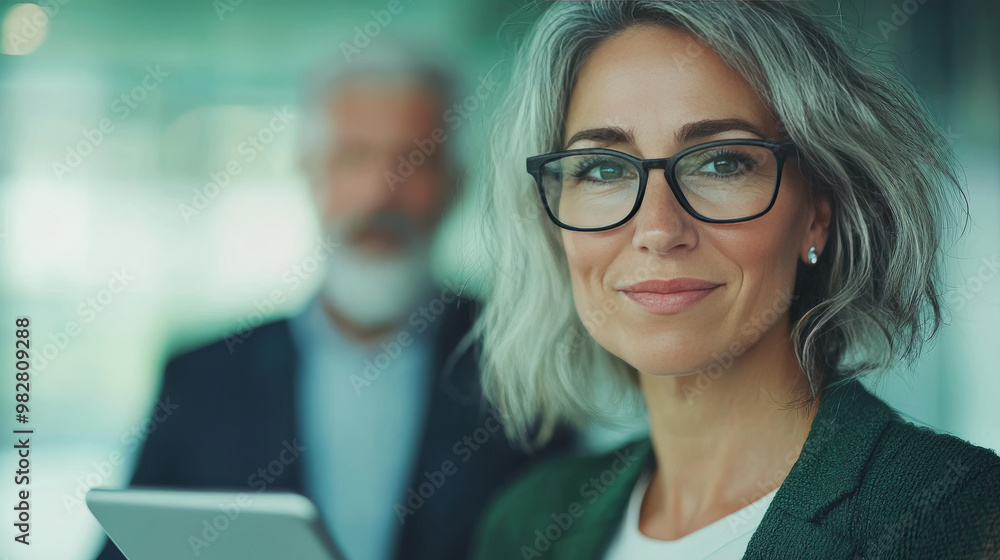 A confident businesswoman with short gray hair looks directly at the camera. A confident businesswoman with short gray hair looks directly at the camera.