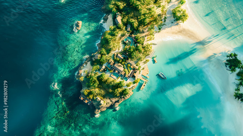 Fototapeta Naklejka Na Ścianę i Meble -  top view of beautiful tropical island with dense trees, with white sand beach and clear blue waters. concept of vacation with family. 4K Island Wallpaper