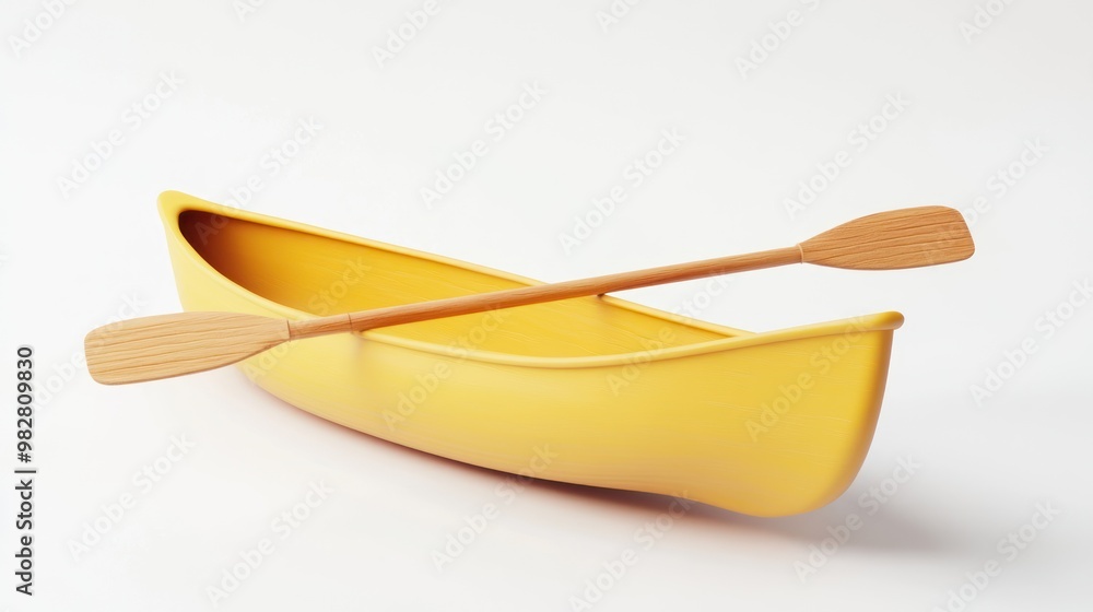 A yellow plastic kayak with wooden paddles, designed for leisure activities on water. A yellow plastic kayak with wooden paddles, designed for leisure activities on water.