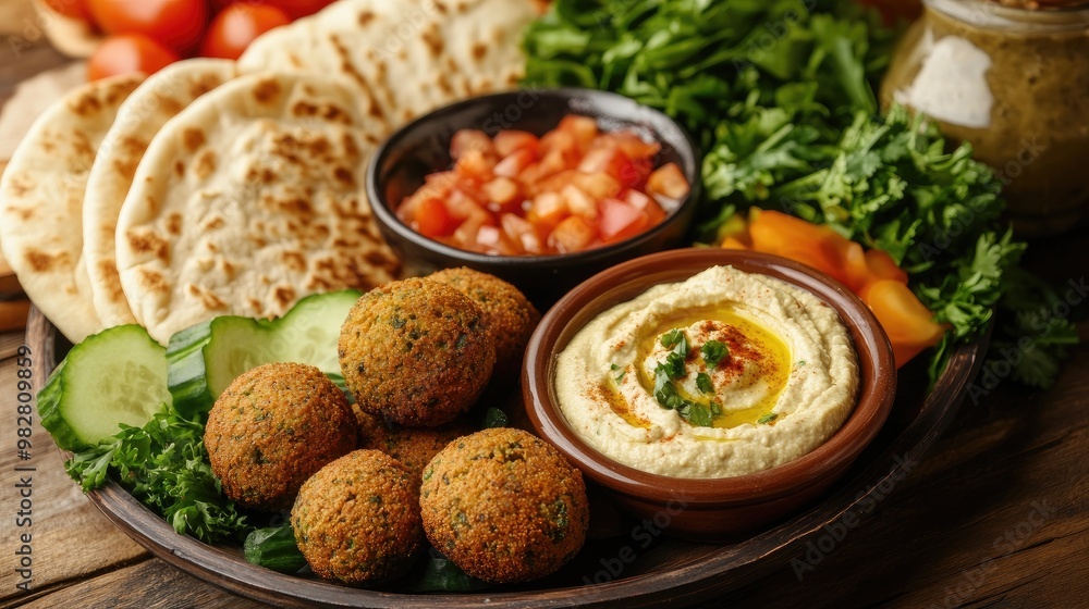 A platter of Middle Eastern falafel, hummus, and pita bread, accompanied by fresh vegetables and sauces. A platter of Middle Eastern falafel, hummus, and pita bread, accompanied by fresh vegetables and sauces.