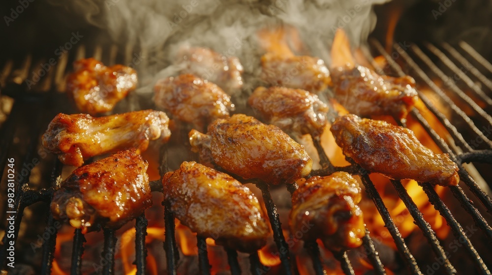 Grilled chicken wings sizzling over flames, showcasing a delicious outdoor cooking scene.