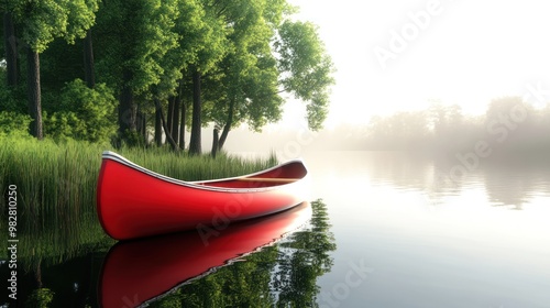 Fototapeta Naklejka Na Ścianę i Meble -  A serene red canoe rests on a calm lake surrounded by lush greenery and morning mist.