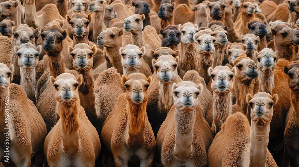 Obraz premium A large group of camels of different breeds and sizes, forming an interesting and dense composition