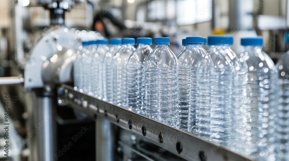 Close-up of a Conveyor Belt Filled with Plastic Bottles in a Factory Setting, Highlighting the Precision of the Packaging Machinery. Close-up of a Conveyor Belt Filled with Plastic Bottles in a Factory Setting, Highlighting the Precision of the Packaging Machinery.