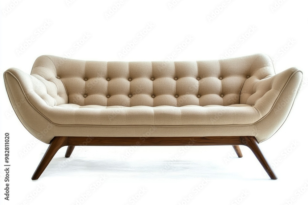 Chic modern sofa with button tufts and angular wooden legs isolated white background , ai Chic modern sofa with button tufts and angular wooden legs isolated white background , ai