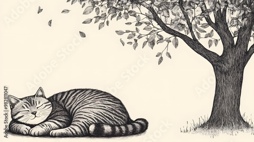 Wallpaper Mural Hand-drawn illustration of a chubby cat napping under a tree Torontodigital.ca