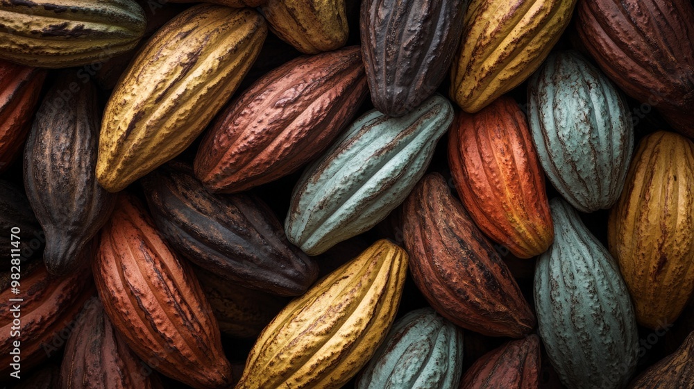 Fototapeta premium Close-up of Cocoa Pods Displaying a Spectrum of Colors and Textures, Capturing the Richness of Cacao