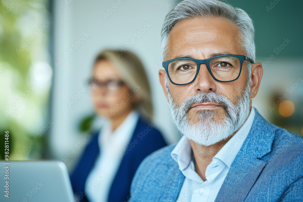 Fototapeta premium A confident businessman in a blue blazer looks directly at the camera.
