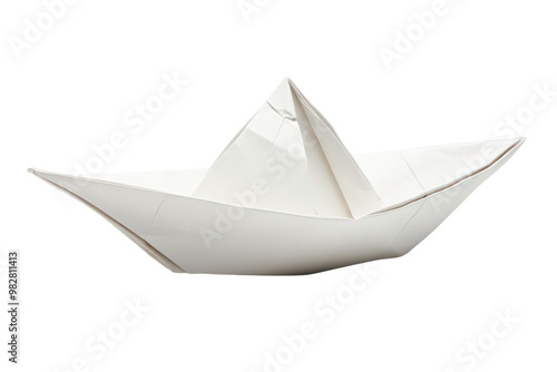 A close-up view of a folded paper boat, with visible creases and textures, isolated on a plain white background