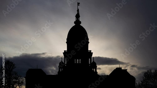 Springfield at Sunrise, Time Lapse  with Fast Clouds and Dark Silhouette of State Capitol Building of Illinois, USA