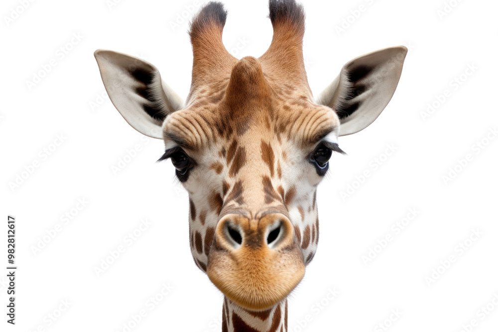 Fototapeta premium A close-up portrait of a giraffe head and neck, showcasing its unique spots and long eyelashes isolated on white background