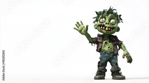 A cartoonish zombie character with green skin, messy hair, and tattered clothes, waving.