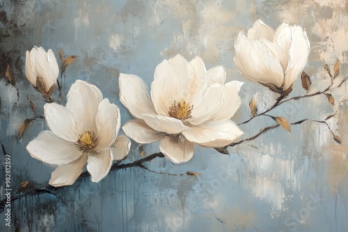 A close-up painting of three white magnolia blossoms on a branch against a blue background.