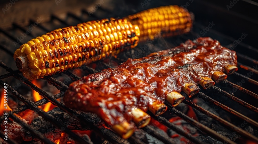 Grilled ribs and corn on the cob, showcasing a summer barbecue scene. Grilled ribs and corn on the cob, showcasing a summer barbecue scene.
