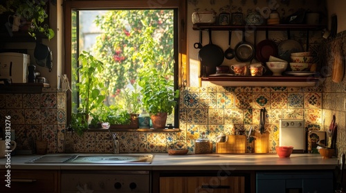 A cozy kitchen with sunlight illuminating plants and colorful dishware by the window.