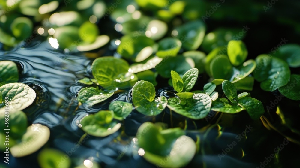 A serene scene of floating green lily pads on calm water, reflecting light. A serene scene of floating green lily pads on calm water, reflecting light.