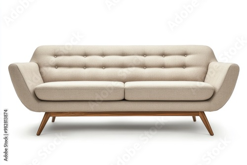 Chic modern sofa with button tufts and angular wooden legs isolated white background , ai