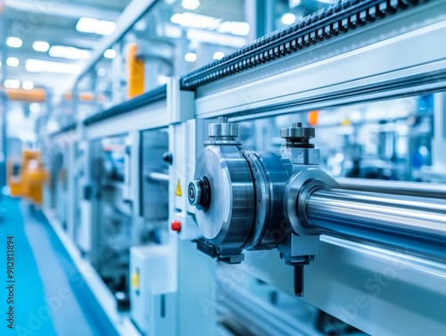 Modern Industrial Machinery Closeup Detail, Steel Rod and Gears of a Manufacturing Production Line