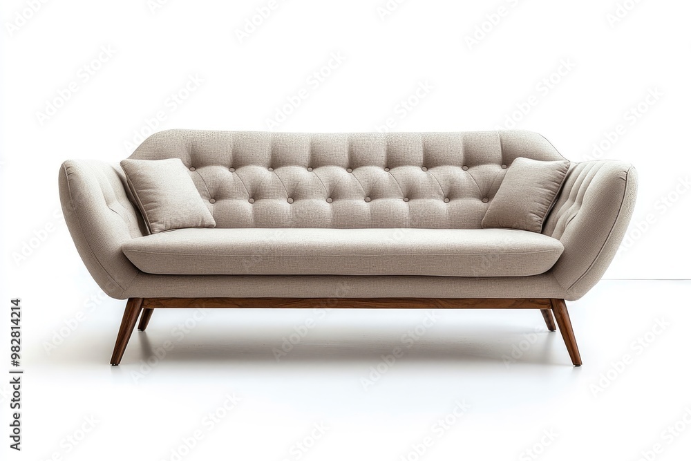 Chic modern sofa with button tufts and angular wooden legs isolated white background , ai Chic modern sofa with button tufts and angular wooden legs isolated white background , ai