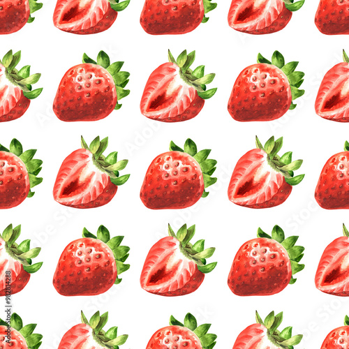 Strawberry seamless pattern, Watercolor hand drawn illustration isolated on white background