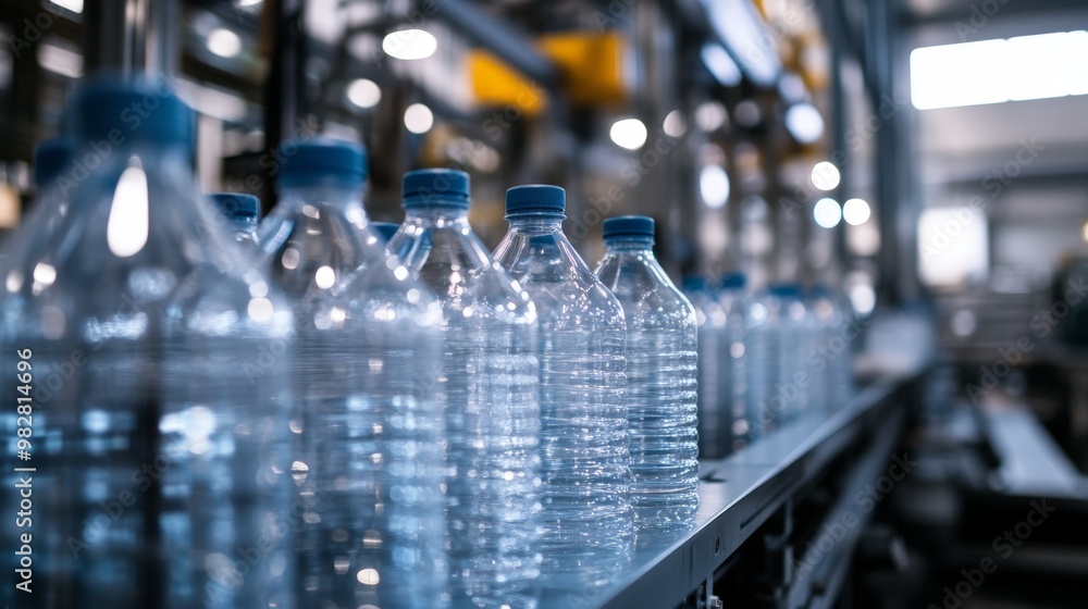 Plastic Water Bottles Moving Along Conveyor Belt in a Factory Setting, Highlighting Industrial Manufacturing Process and Modern Technology Plastic Water Bottles Moving Along Conveyor Belt in a Factory Setting, Highlighting Industrial Manufacturing Process and Modern Technology