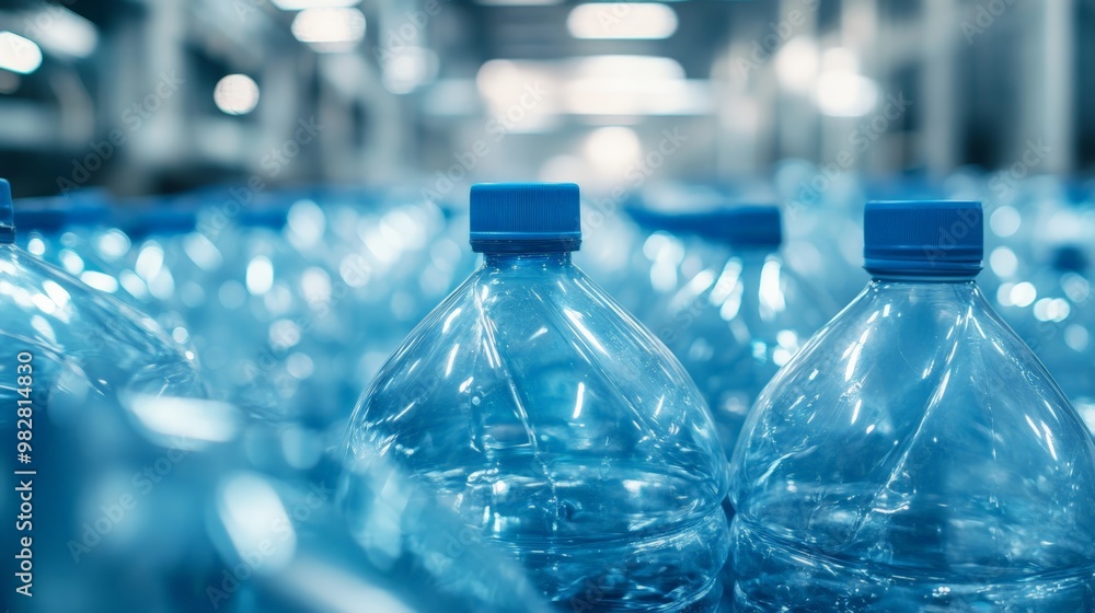 Rows of Plastic Water Bottles in a Factory Setting, Representing the Modern Plastic Industry Rows of Plastic Water Bottles in a Factory Setting, Representing the Modern Plastic Industry